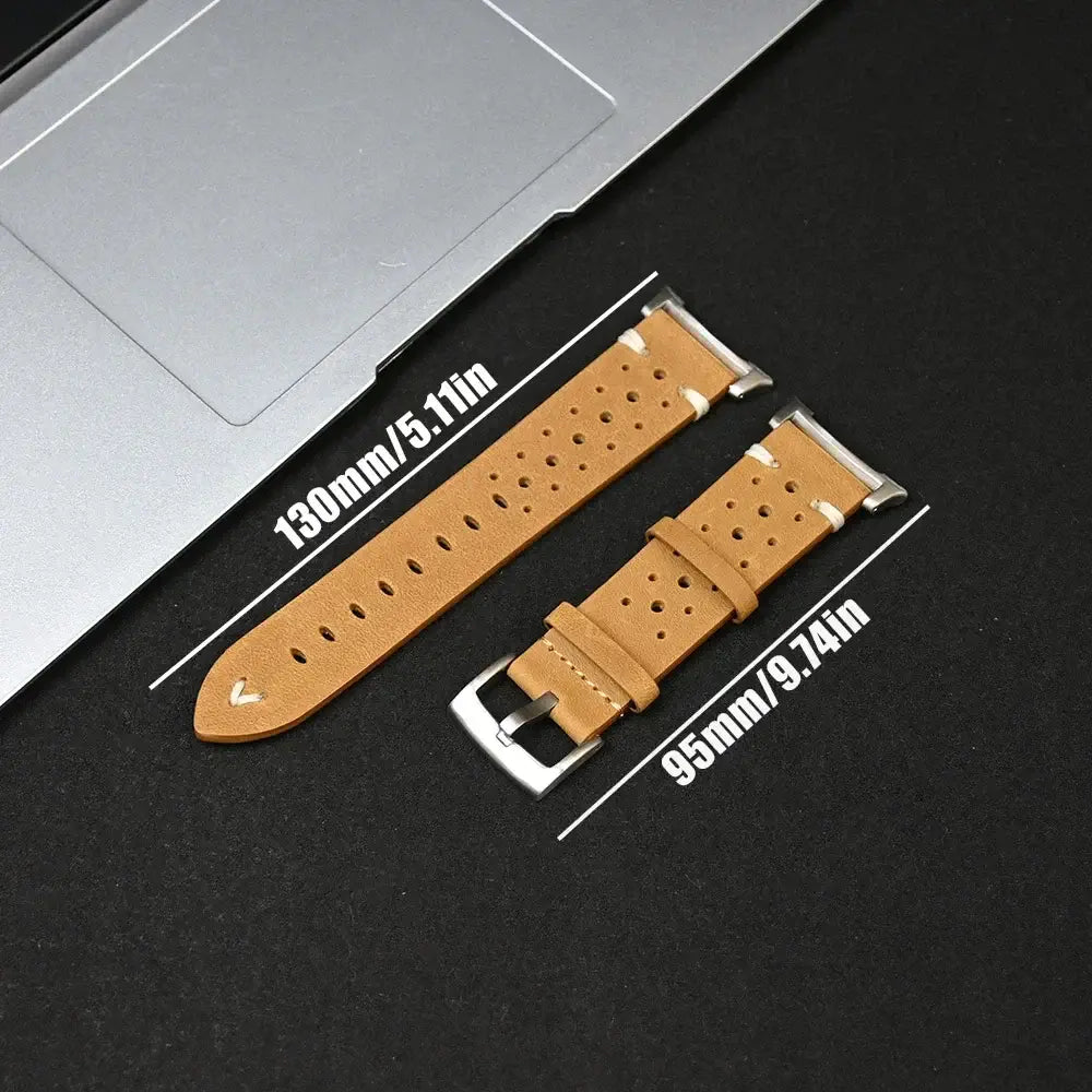 Leather Samsung Galaxy Watch 8 Bands | Classic & Ultra 47mm Strap shown next to laptop with dimensions labeled.