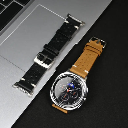 Leather Samsung Galaxy Watch 8 Bands | Classic & Ultra 47mm Strap on smartwatch next to a black band.