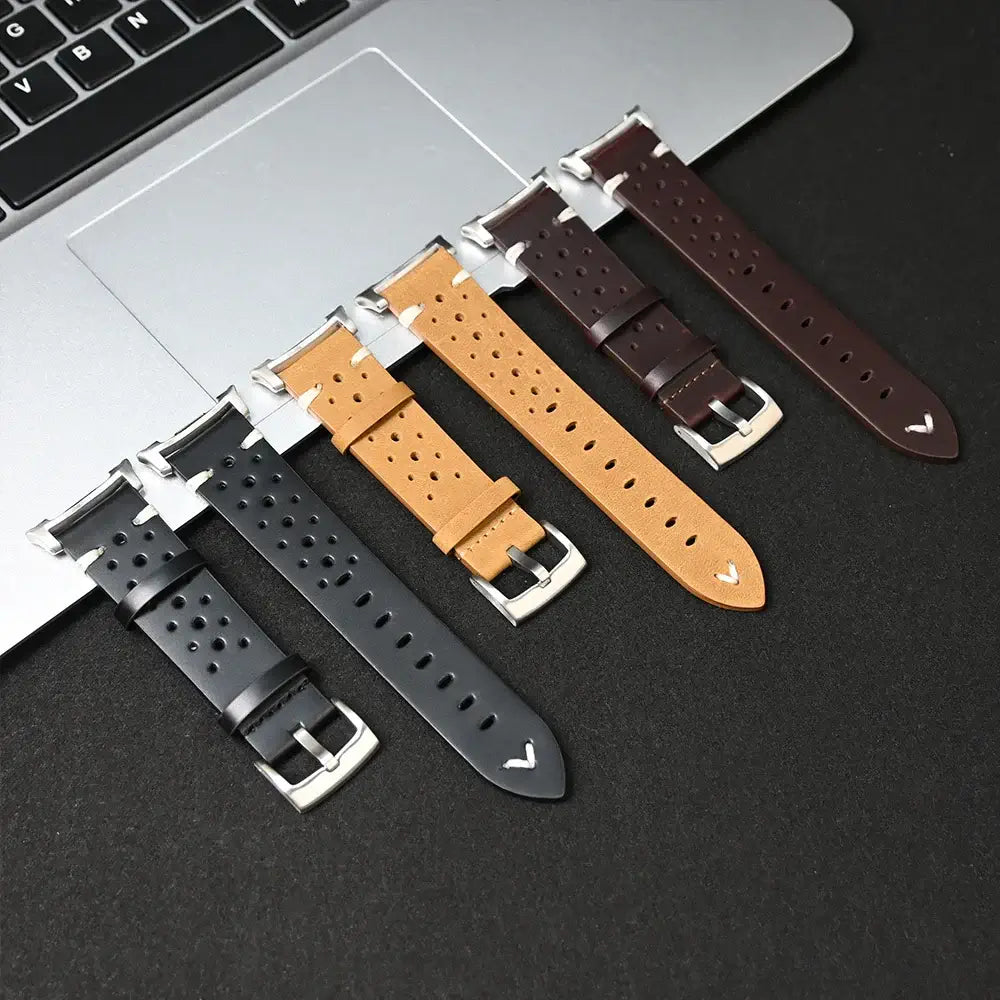 Leather Samsung Galaxy Watch 8 Bands | Classic & Ultra 47mm Strap displayed on a laptop, showcasing various color options.