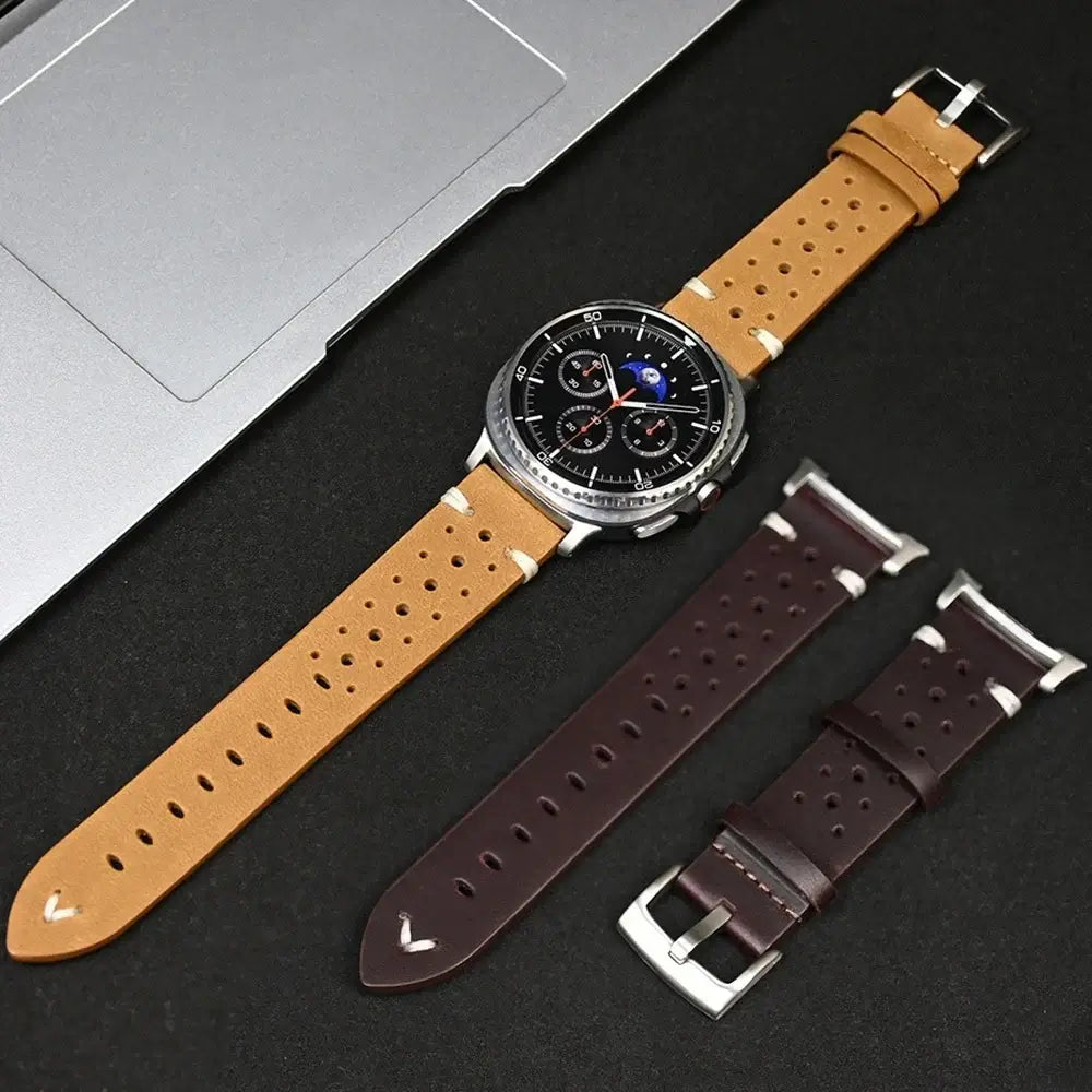 Leather Samsung Galaxy Watch 8 Bands | Classic & Ultra 47mm Strap in tan and dark brown with metal buckles.