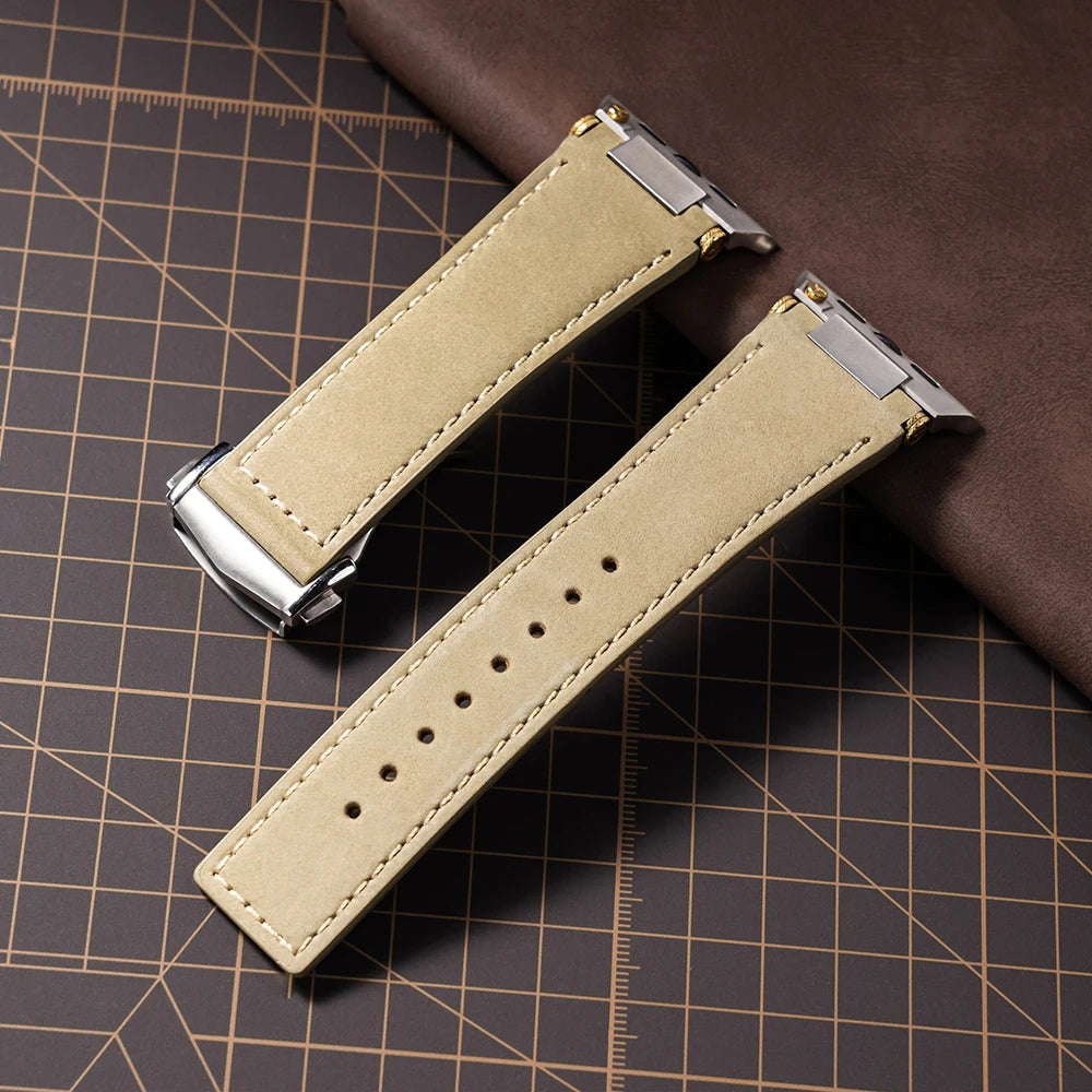 Apple Watch Leather Strap – Luxury Business Band (44–49mm) in soft beige leather close-up on a dark background.