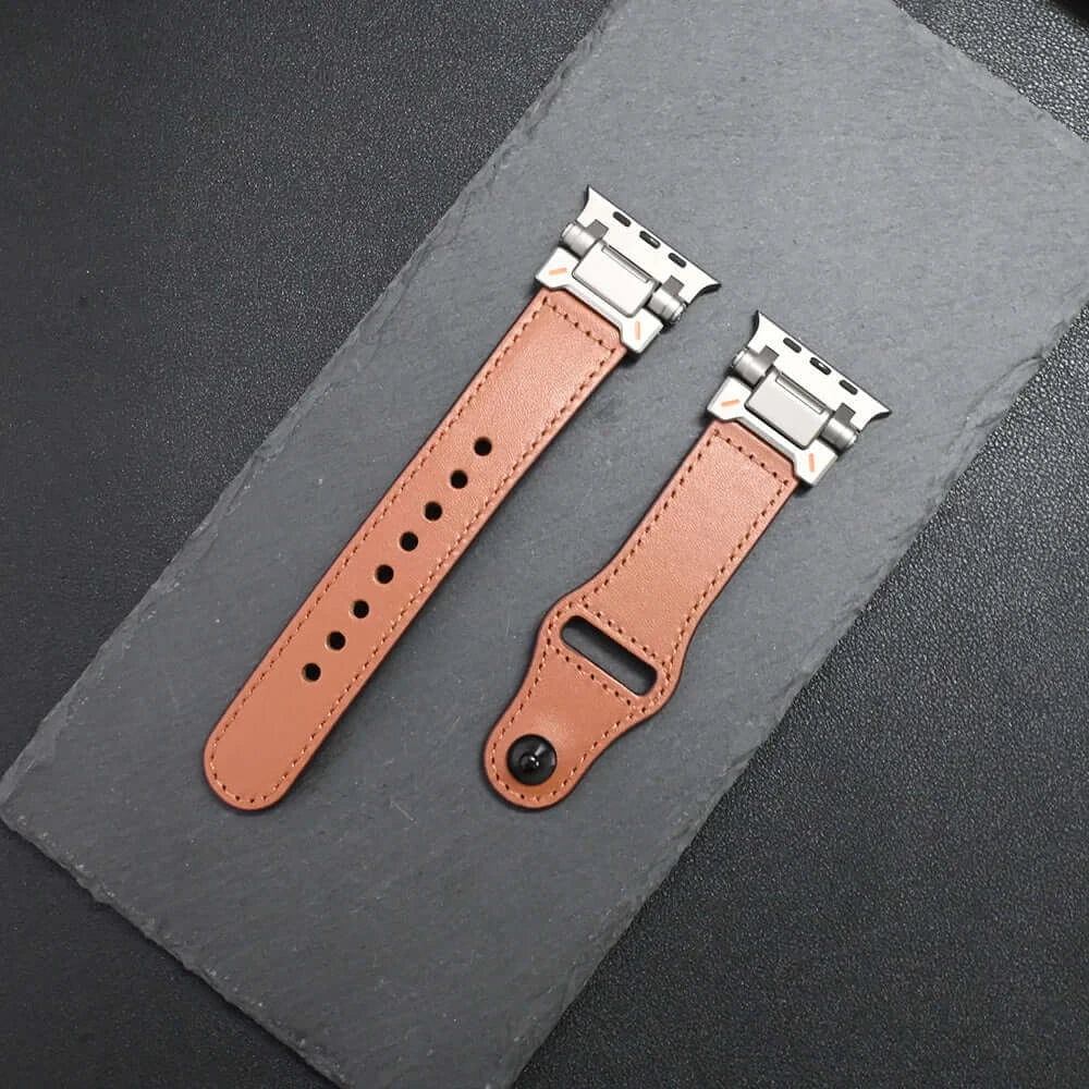 Luxury Leather Apple Watch Band for Men Ultra 3/2/1 & Series 11-6 in brown leather design with metal clasps.