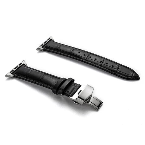 Luxury Crocodile Texture Leather Band for Apple Watch, elegant black strap with silver buckle design.