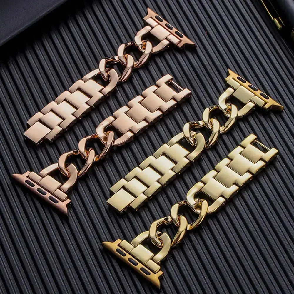 Luxury Cuban bracelets for Apple Watch in rose gold and gold colors, showcasing chunky chain design and premium stainless steel.