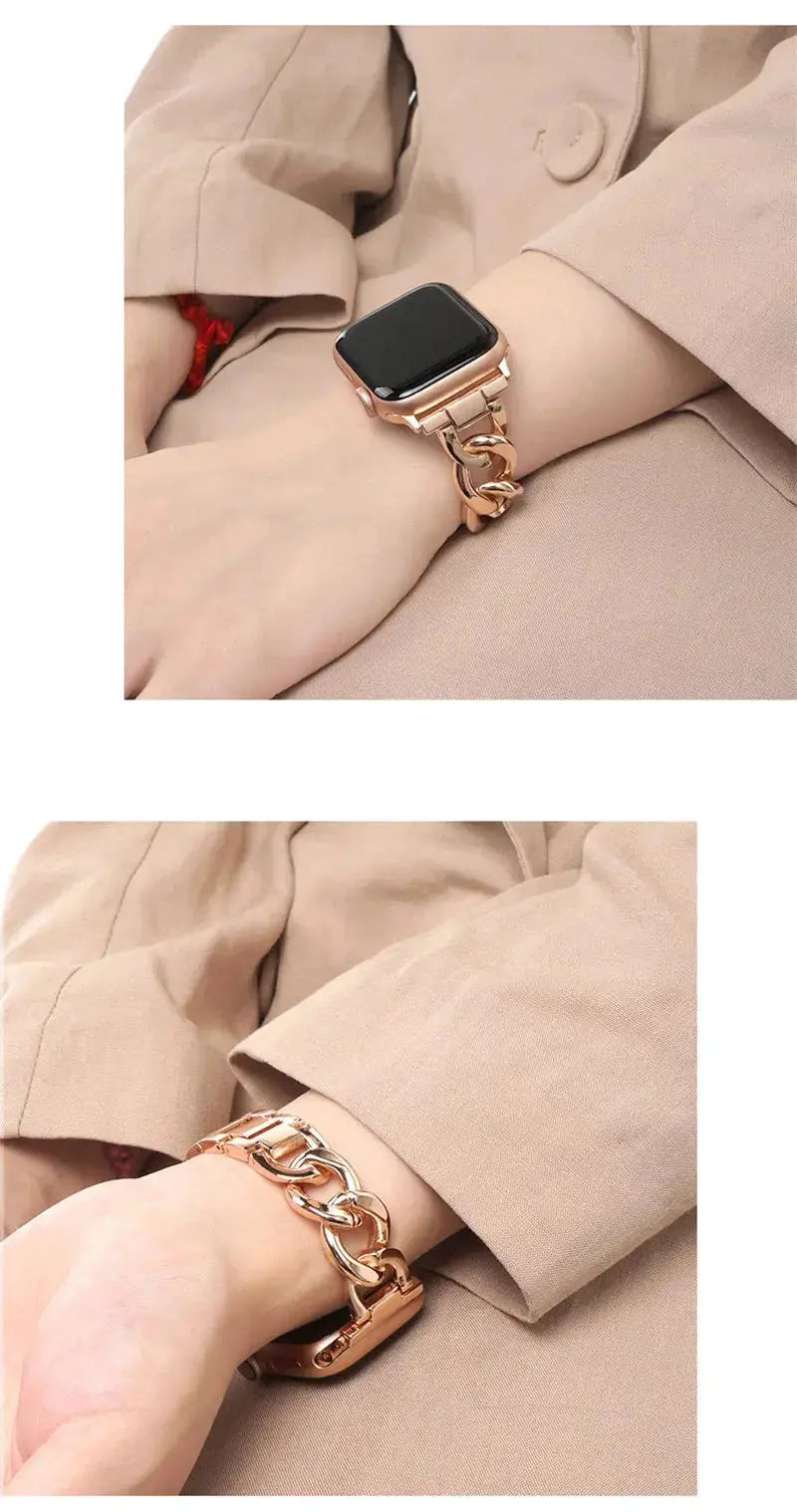 Luxury Cuban bracelet with rose gold chunky chain design for Apple Watch, showcasing polished stainless steel elegance.