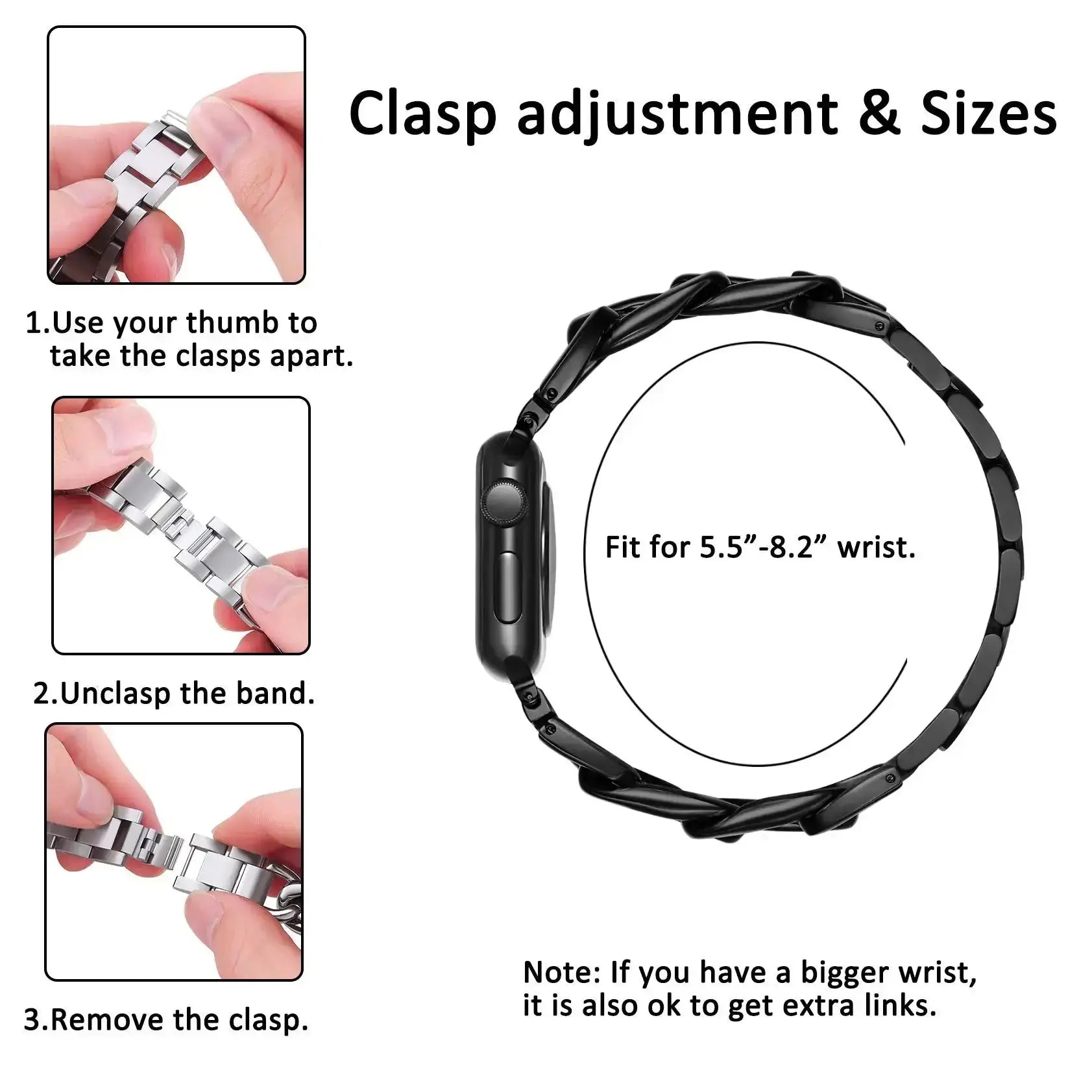 Clasp adjustment guide for Luxury Cuban Bracelet, fitting sizes 5.5"-8.2" wrist, showcasing premium stainless steel design.