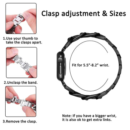 Clasp adjustment guide for Luxury Cuban Bracelet, fitting sizes 5.5"-8.2" wrist, showcasing premium stainless steel design.