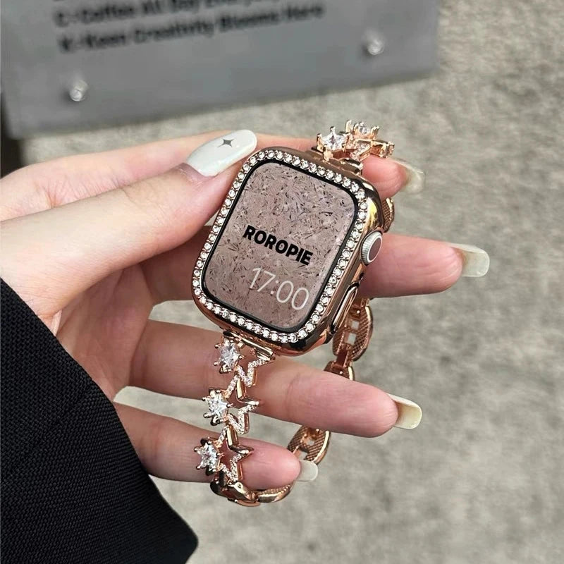 Luxury Diamond Apple Watch Band for Women – Star Metal Bracelet with rhinestones on a stylish wrist.