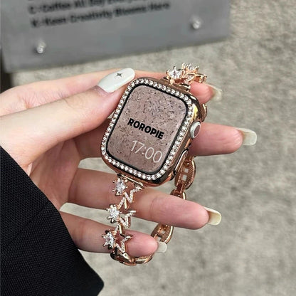 Luxury Diamond Apple Watch Band for Women – Star Metal Bracelet with rhinestones on a stylish wrist.