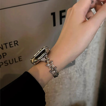 Luxury Diamond Apple Watch Band for Women – Star Metal Bracelet worn on a hand with a stylish design and rhinestones.