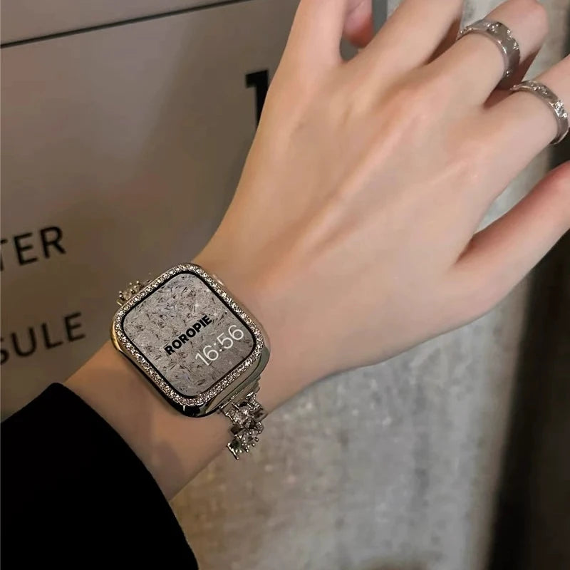 Luxury Diamond Apple Watch Band for Women – Star Metal Bracelet on a woman's wrist, showcasing elegance and sparkle.