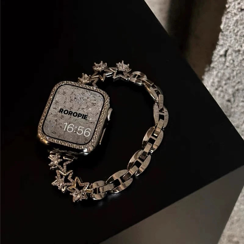 Luxury Diamond Apple Watch Band for Women – Star Metal Bracelet with star-shaped design and rhinestones.