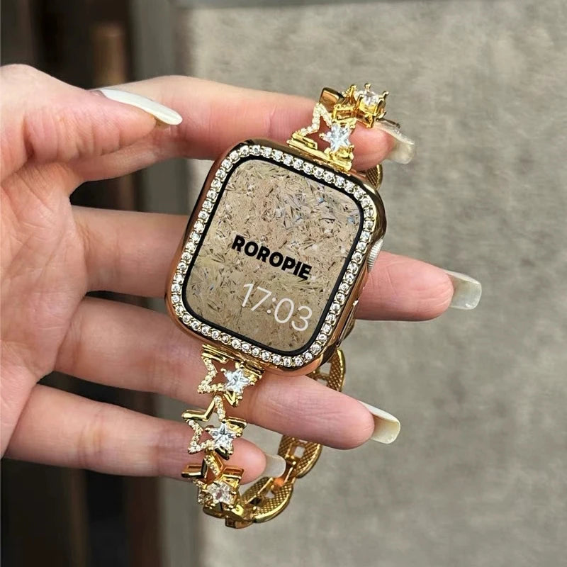 Luxury Diamond Apple Watch Band for Women – Star Metal Bracelet worn on a hand, featuring a sparkling star-shaped design.