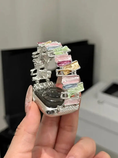 Luxury Elastic Metal Bracelet Band for Apple Watch Women with colorful gemstone-like accents