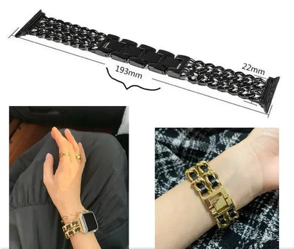 Luxury stainless steel bracelet for Apple Watch, featuring a chunky design and leather strap, highlighted with gold accents.