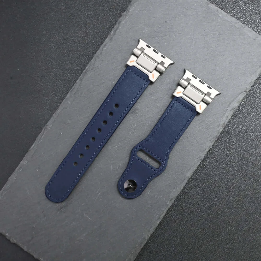 Luxury Leather Apple Watch Band for Men Ultra 3/2/1 & Series 11-6 in blue with stainless steel clasp