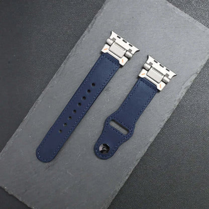 Luxury Leather Apple Watch Band for Men Ultra 3/2/1 & Series 11-6 in blue with stainless steel clasp