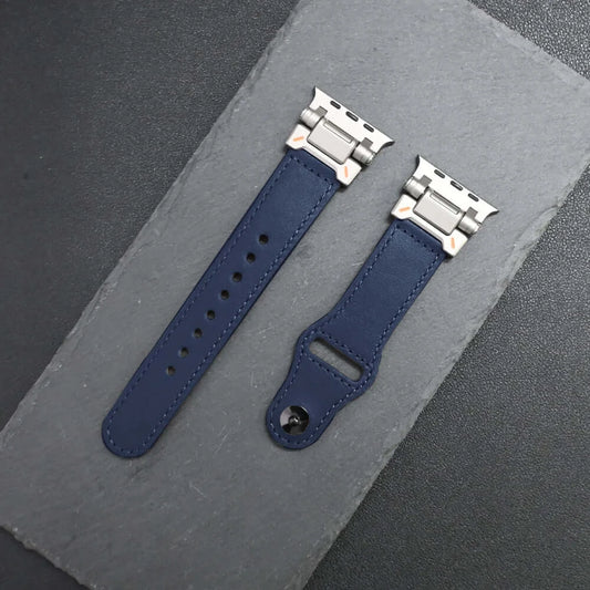 Luxury Leather Apple Watch Band for Men Ultra 3/2/1 & Series 11-6 in navy blue with silver buckle.