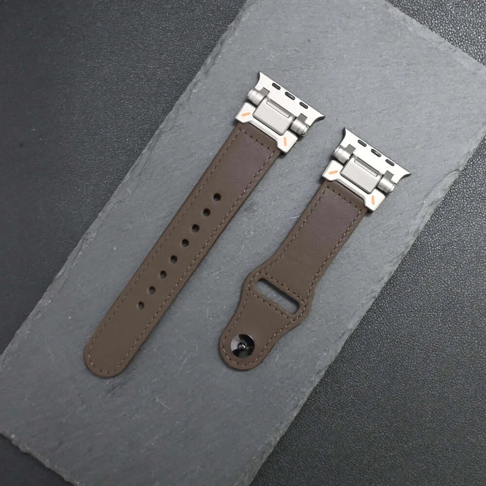 Luxury Leather Apple Watch Band for Men Ultra 3/2/1 & Series 11-6 in brown with silver clasps on black background.
