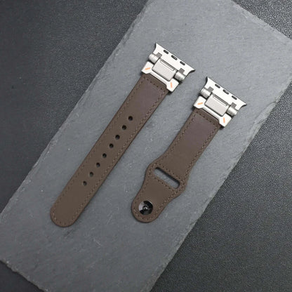 Luxury Leather Apple Watch Band for Men Ultra 3/2/1 & Series 11-6 in brown with silver clasps on black background.