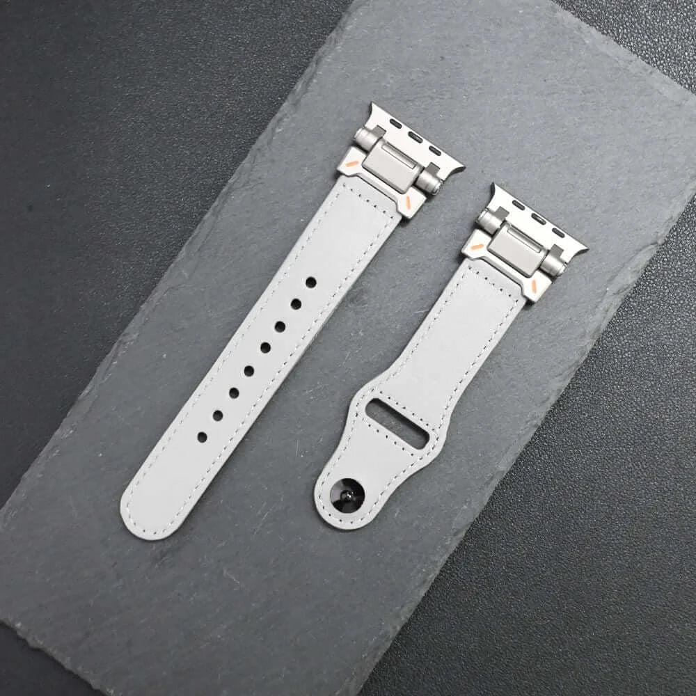 Luxury Leather Apple Watch Band for Men Ultra 3/2/1 & Series 11-6 in gray with silver accents and detailed design.