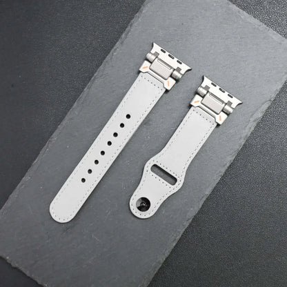 Luxury Leather Apple Watch Band for Men Ultra 3/2/1 & Series 11-6 in gray with silver accents and detailed design.