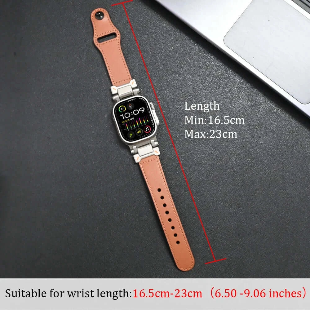 Luxury Leather Apple Watch Band for Men Ultra 3/2/1 & Series 11-6 displayed on a wrist, showing dimensions and design.