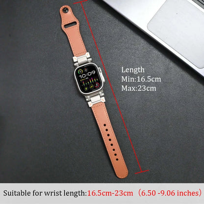 Luxury Leather Apple Watch Band for Men Ultra 3/2/1 & Series 11-6 displayed on a wrist, showing dimensions and design.