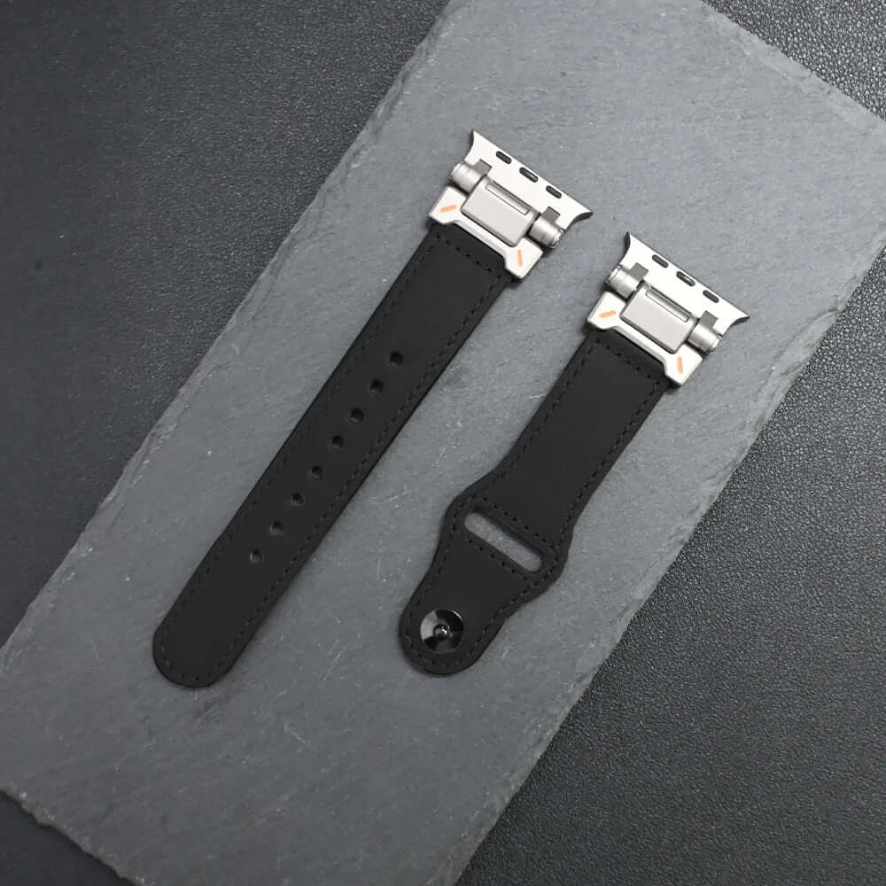 Luxury Leather Apple Watch Band for Men Ultra 3/2/1 & Series 11-6 black strap with silver buckle.