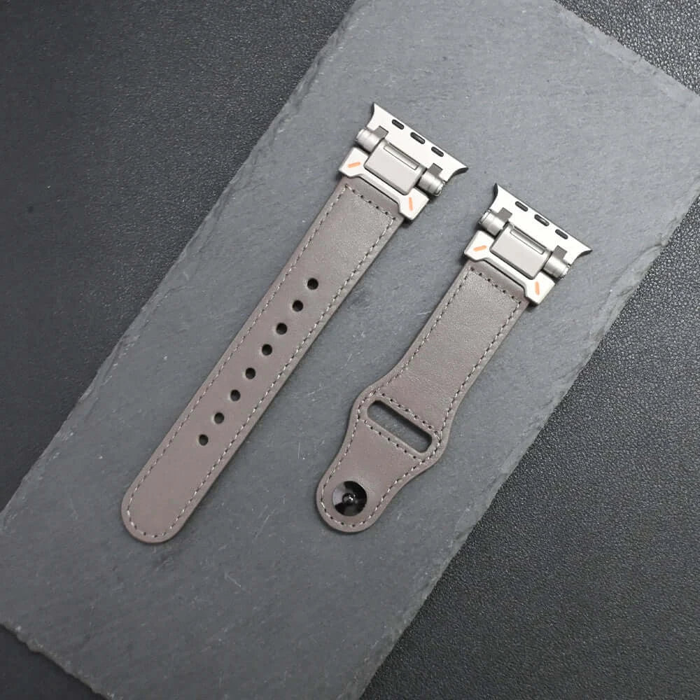 Luxury Leather Apple Watch Band for Men Ultra 3/2/1 & Series 11-6 displayed on a black background.