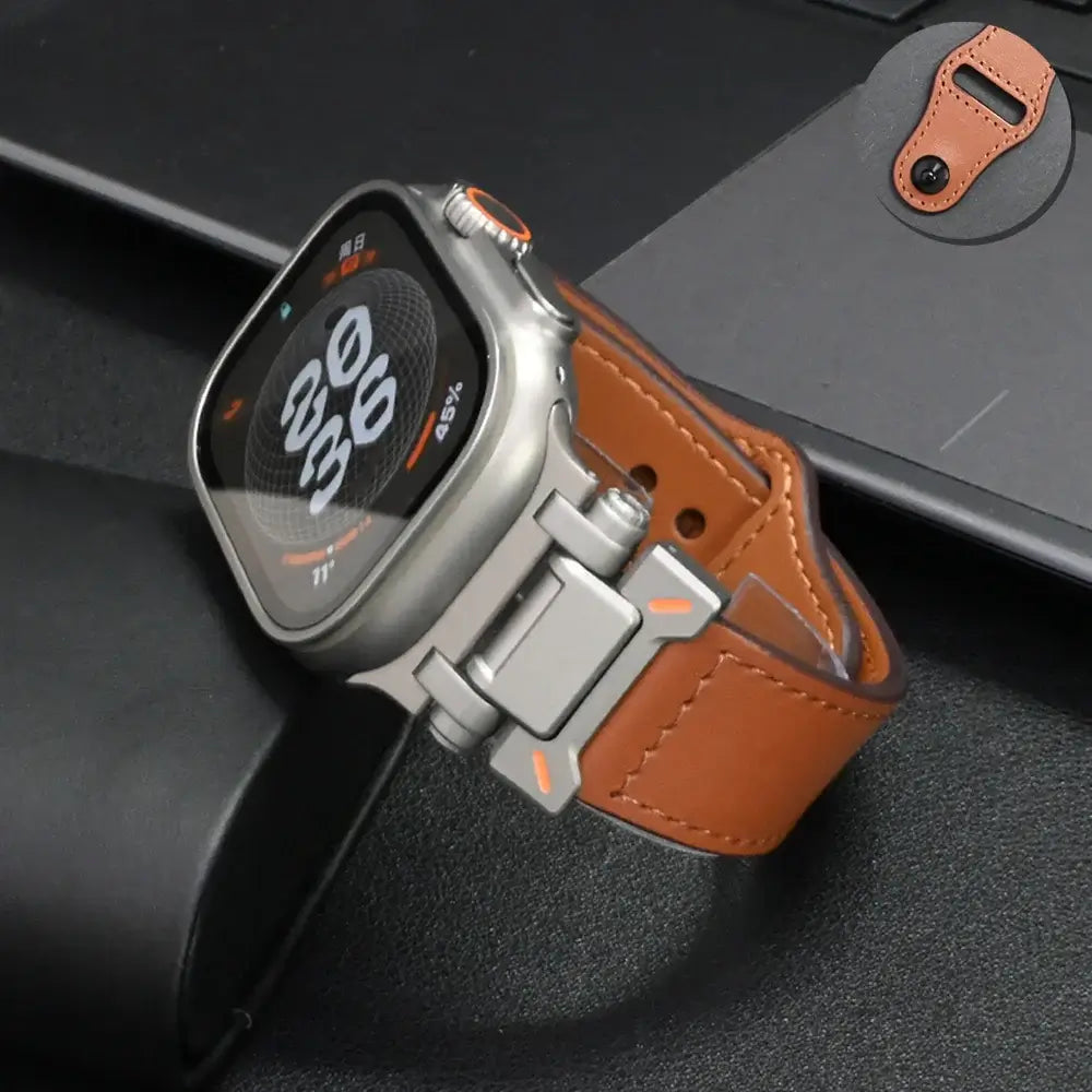 Luxury Leather Apple Watch Band for Men Ultra 3/2/1 & Series 11-6 on a stylish smartwatch.
