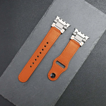 Luxury Leather Apple Watch Band for Men Ultra 3/2/1 & Series 11-6, featuring a stylish brown leather design with metal clasps.