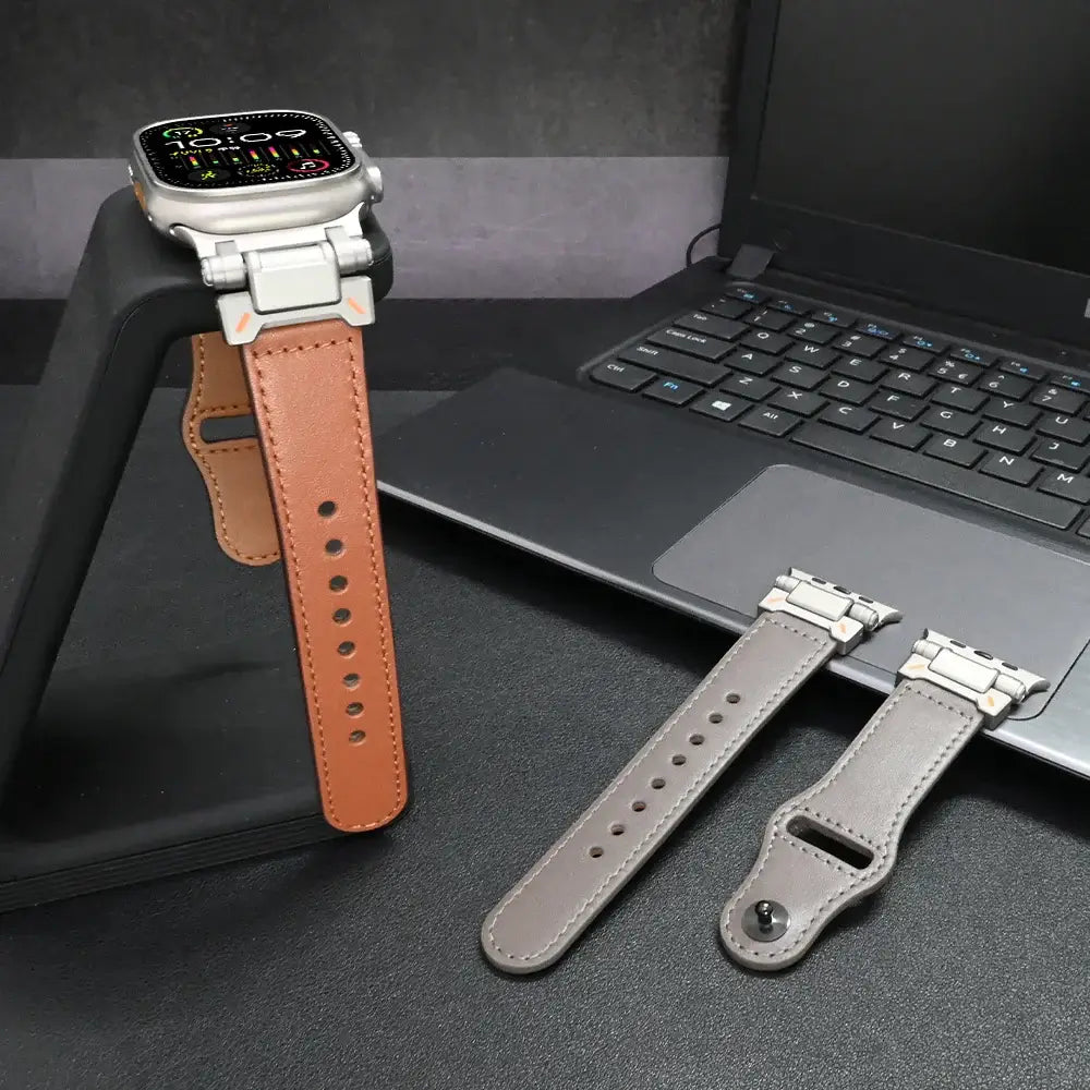 Luxury Leather Apple Watch Band for Men Ultra 3/2/1 & Series 11-6 displayed on a wrist stand with two additional straps.