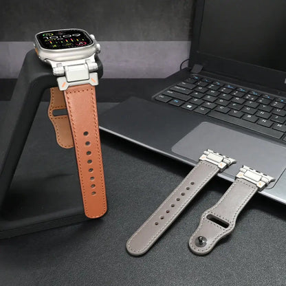 Luxury Leather Apple Watch Band for Men Ultra 3/2/1 & Series 11-6 displayed on a wrist stand with two additional straps.