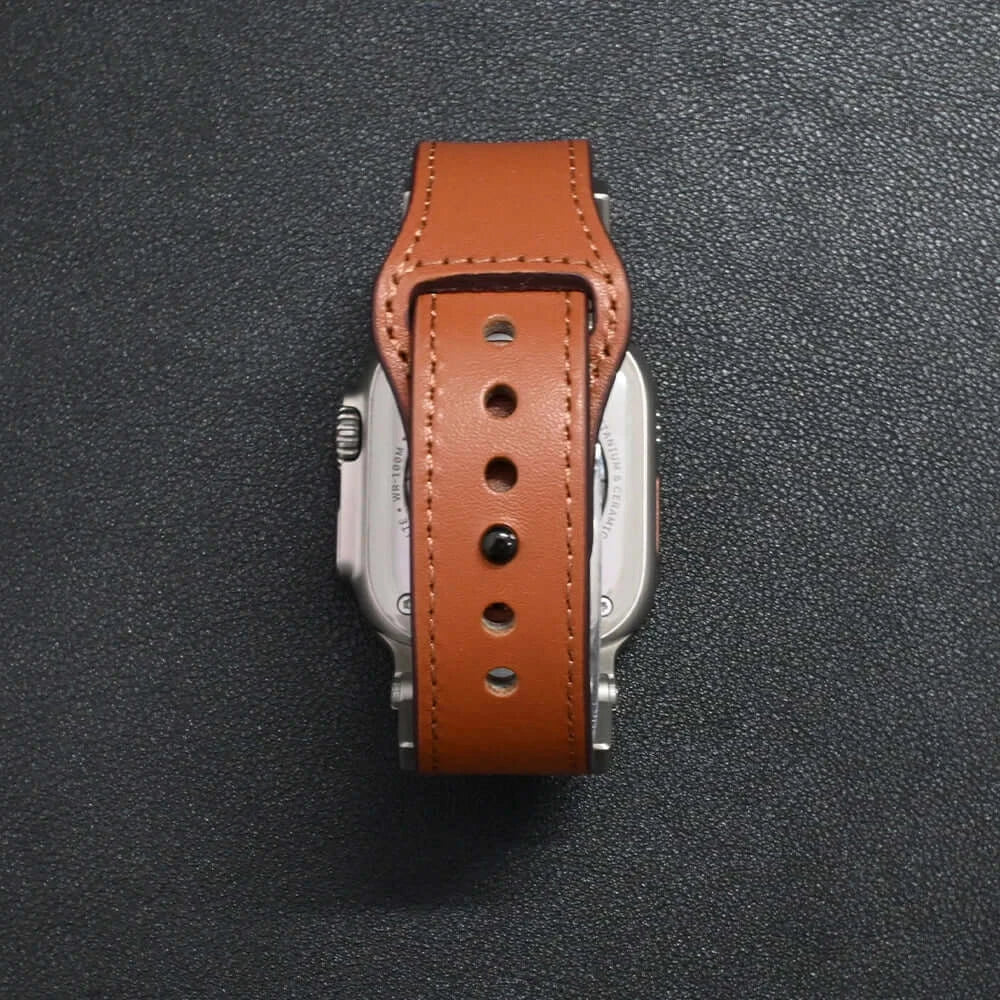 Luxury Leather Apple Watch Band for Men Ultra 3/2/1 & Series 11-6 shown from above on a black background.