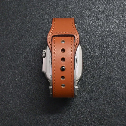 Luxury Leather Apple Watch Band for Men Ultra 3/2/1 & Series 11-6 shown from above on a black background.