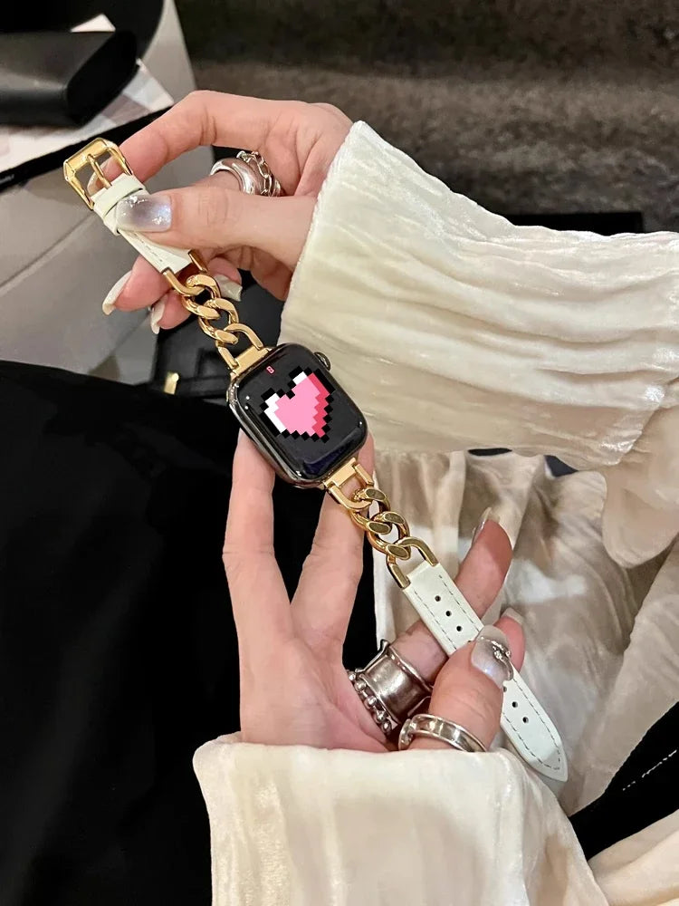 Luxury Leather & Steel Chain Band for Apple Watch 38–49mm