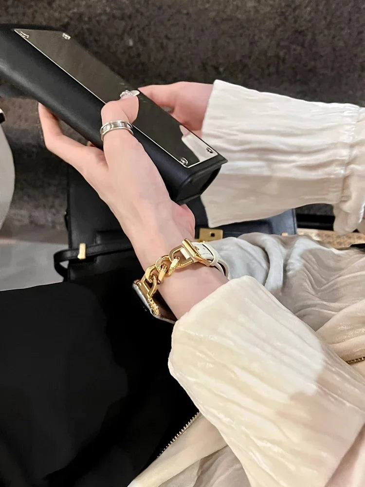 Luxury Leather & Steel Chain Band for Apple Watch 38–49mm