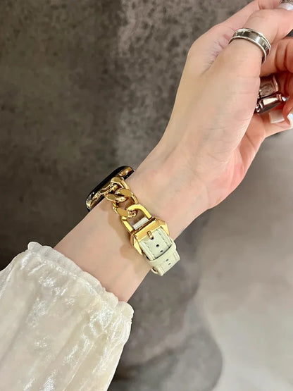 Luxury Leather & Steel Chain Band for Apple Watch 38–49mm