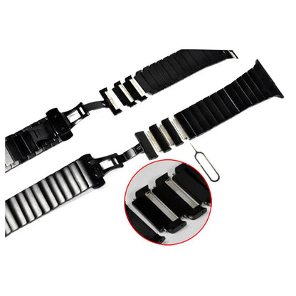 Luxury Link Bracelet showing detachable links and butterfly clasp for Apple Watch, with tools for easy adjustment.