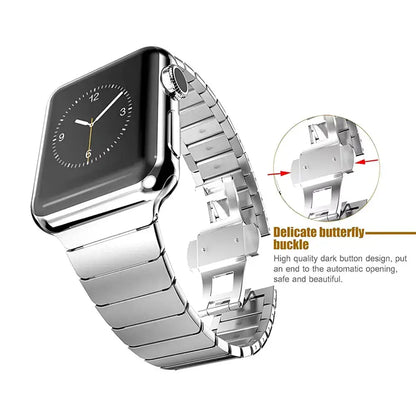 Luxury Link Bracelet for Apple Watch featuring a delicate butterfly clasp and high-quality stainless steel design.