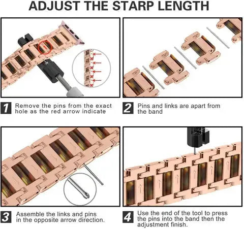 Steps to adjust the Luxury Metal Resin Strap length with tools, highlighting pin removal and assembly.