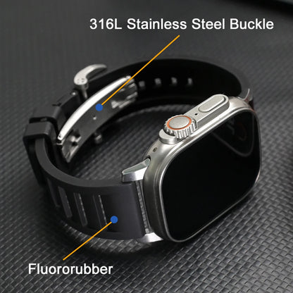 Luxury Sports Band for Apple Watch Ultra & Series (44–49mm) with 316L stainless steel buckle and fluororubber material.
