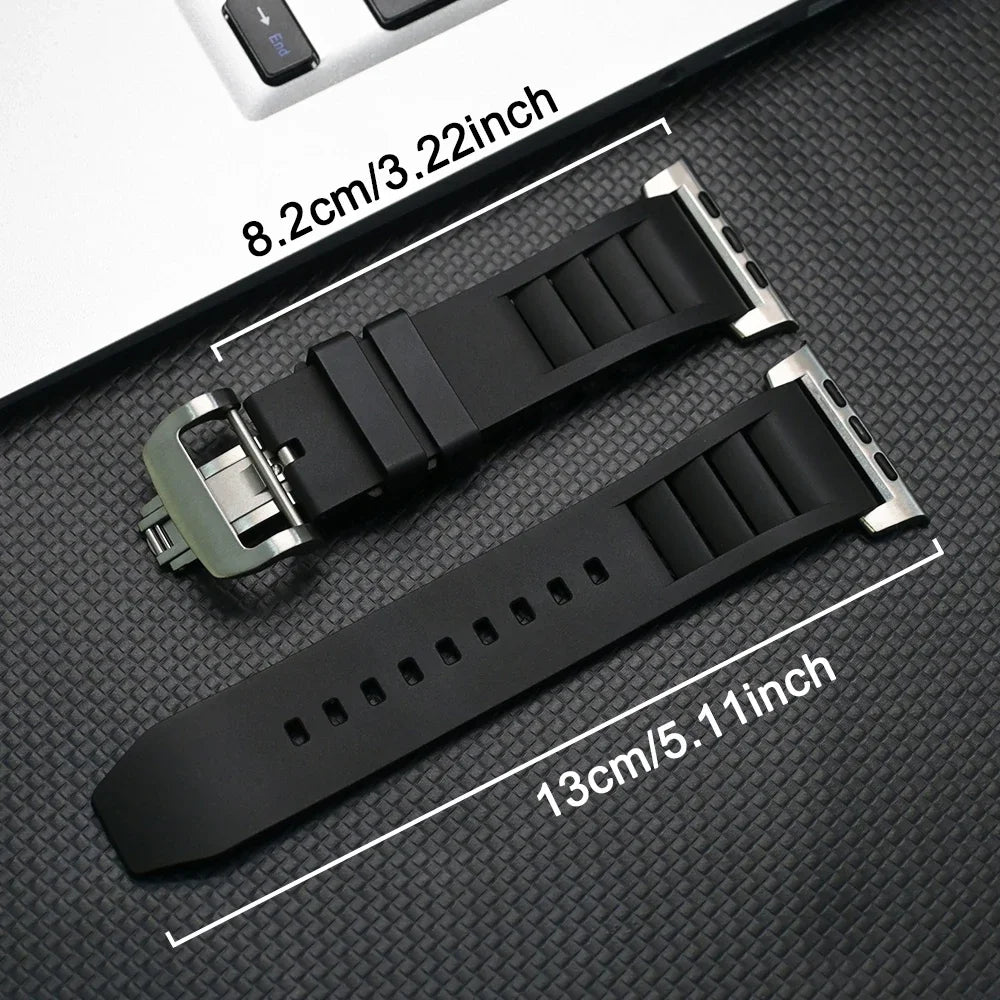Luxury Sports Band for Apple Watch Ultra & Series (44–49mm) showcasing premium fluororubber material and stainless steel buckle.