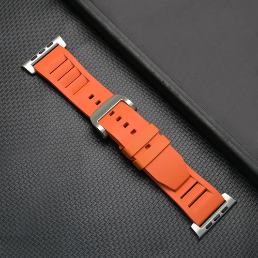 Luxury Sports Band for Apple Watch Ultra & Series (44–49mm) in vibrant orange with stainless steel buckle.