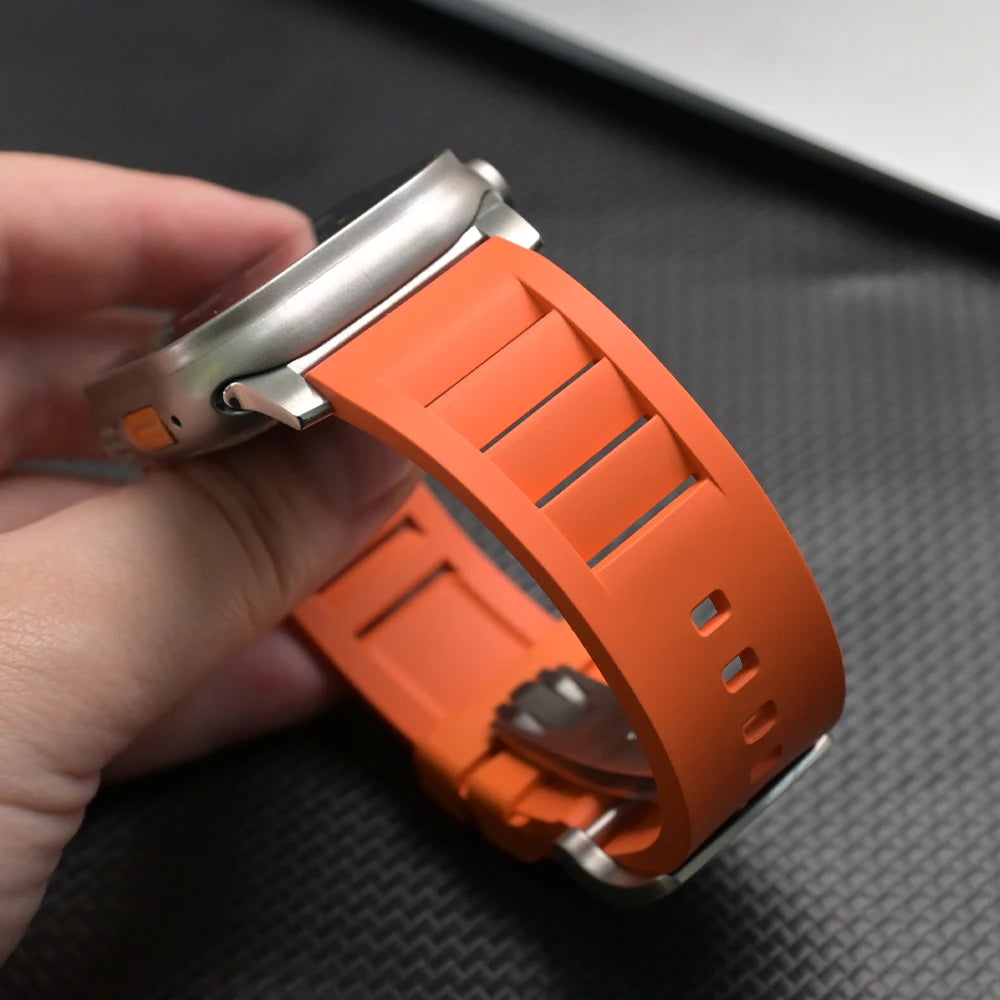 Luxury Sports Band for Apple Watch Ultra & Series (44–49mm) in vibrant orange color, showcasing the durable fluororubber material.