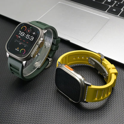Luxury Sports Band for Apple Watch Ultra & Series (44–49mm) in green and yellow on smartwatches.