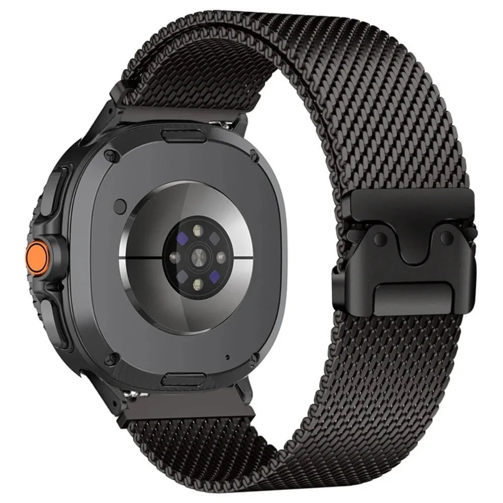 Magnetic Milanese Loop for Samsung Galaxy Watch 8/Ultra 47mm on a sleek smartwatch, showcasing smooth stainless steel mesh design.