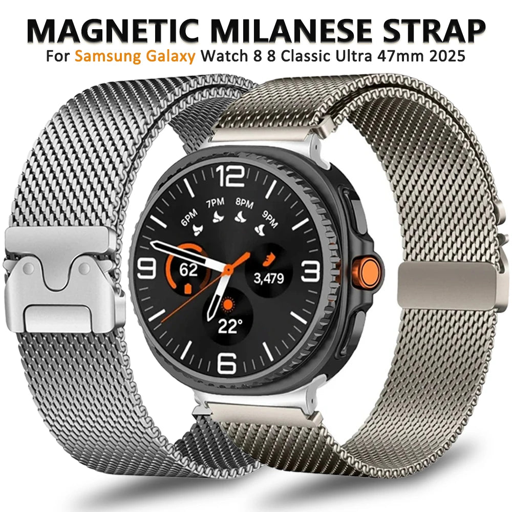 Magnetic Milanese Loop for Samsung Galaxy Watch 8/Ultra 47mm shown in two stainless steel colors.
