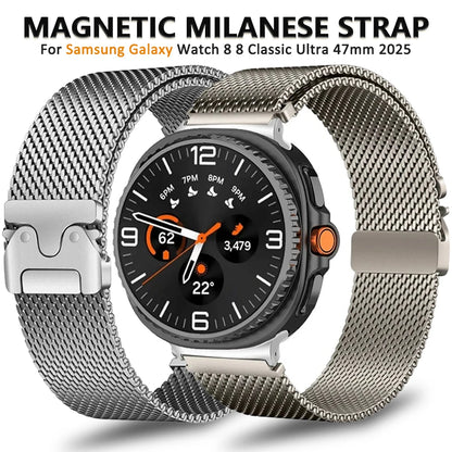 Magnetic Milanese Loop for Samsung Galaxy Watch 8/Ultra 47mm shown in two stainless steel colors.